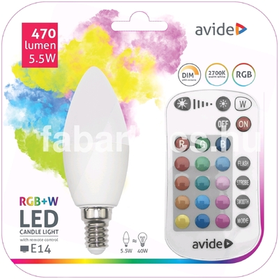 Izzó AVIDE SMART LED candle 5,5W RGB+W 2700K+távir